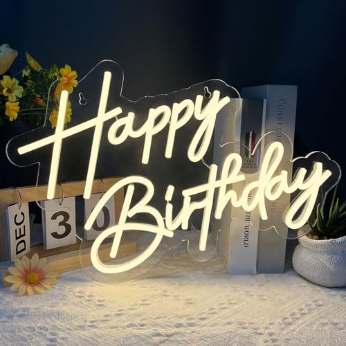 Happy Birthday Neon Sign for Wall Decor, 17×12 Inch Warm White LED Neon Light Signs, Art Decoration Happy Birthday Neon Li...