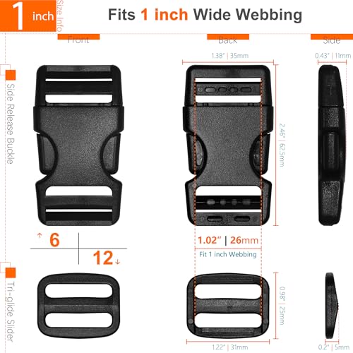 1" Straps and Buckles Set: 6 yard Nylon Webbing 1 inch (25 mm) Wide, 6 pack Side Release Buckle, 12 pcs Tri-Glide Sliders,...