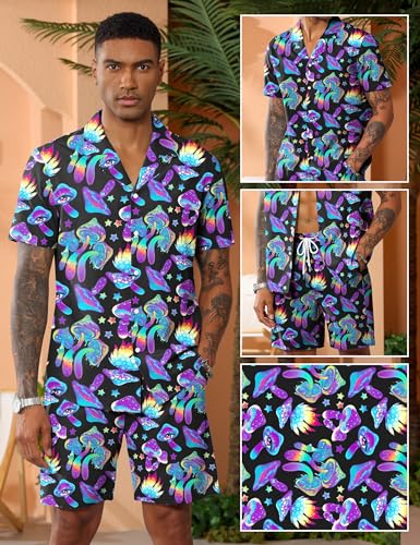 LecGee Men's Rave Outfits Hawaiian Shirts and Shorts Sets 2 Pieces Retro 80s 90s Outfit
