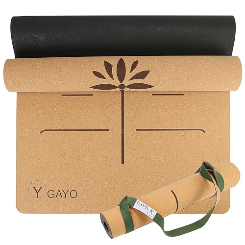 Y O Gayo Premium Yoga Cork Mat | 5mm Thick Natural Tree Rubber Base and Bigger Mat for Extra Support, Alignment lines for ...