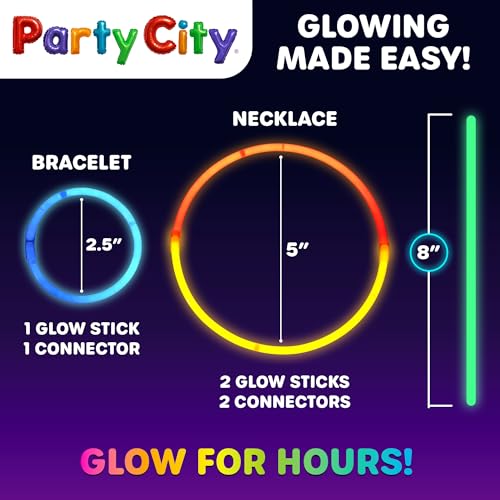 Party City 100 Glow Sticks Bulk Party Pack 8”– Neon Glow in the Dark Party Supplies, Glowsticks with Connectors Bracelets...