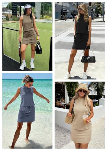 ATHMILE Two Piece Skirt Sets for Women Summer Beach Vacation Outfits Mock Neck Tops Tennis Skirt Lounge Matching Sets