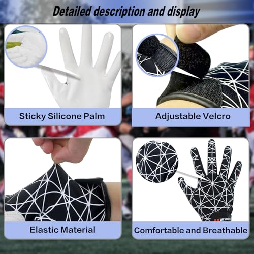 GOWISDOM Youth Football Receiver Gloves, Kids Silicone Grip Football Gloves for Boys Girls with Super Stick