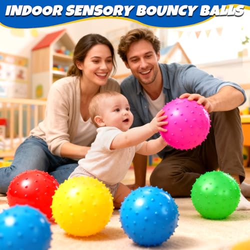 Hymaz Knobby Balls Bulk 9" Soft Bouncy Ball Sensory Toys Spiky Massage Stress Ball, Set of 5 Sensory Balls with Pump, Part...