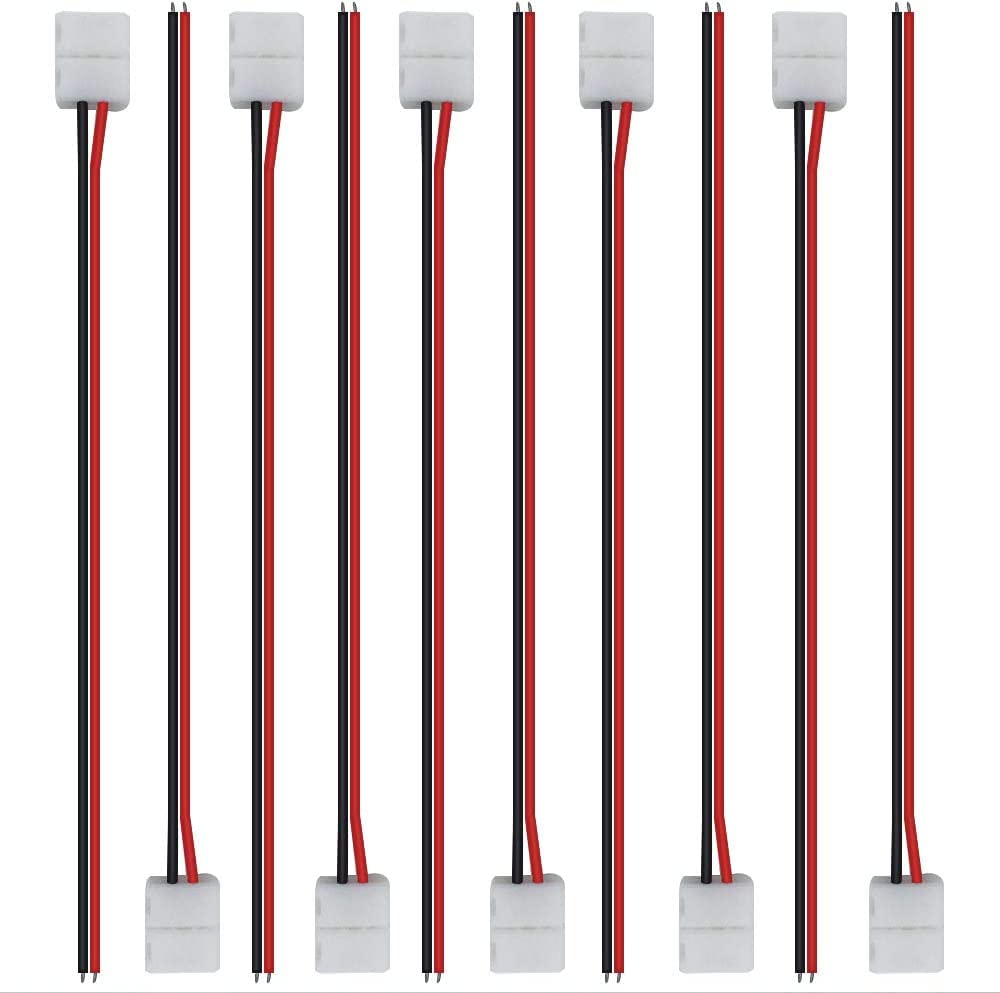 Lightingwill 10Pcs Strip Wire Connectors, 2Pin 10Mm, Solderless Snap Down For 10Mm Wide 5050/5630 Led Strips, Pigtail Connect