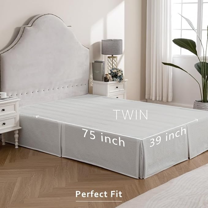 MIYE Pleated Waffle Weave Bed Skirt, Tailored Dust Ruffle 18 Inch Drop Easy Fit, Machine Washable (Light Grey, Twin - 18" Drop)