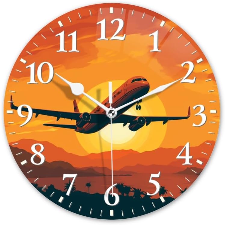 Sunset Wall Clock Non-Ticking Silent Clocks Battery Operated Analog Decor Clock for Home-Illustration of Airplane Flying Over The Sunset(16inch)