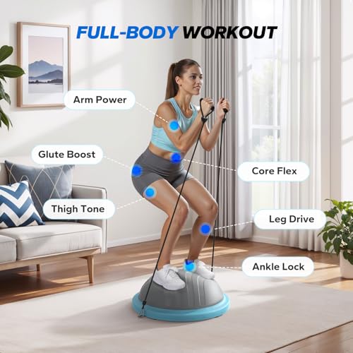 MERACH Balance Ball Trainer, 18 Inch Half Exercise Ball with Resistance Bands and Foot Pump, Half Yoga Ball for Core Stren...