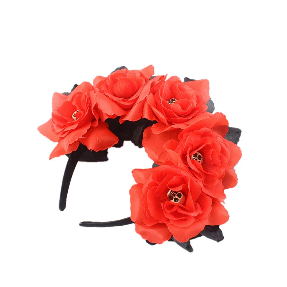 Lofruiin Women's Bohemian Rose Flower Crown Mexican Day of The Dead Headband Halloween Party Costume Headpiece (A- Red Black, Fr