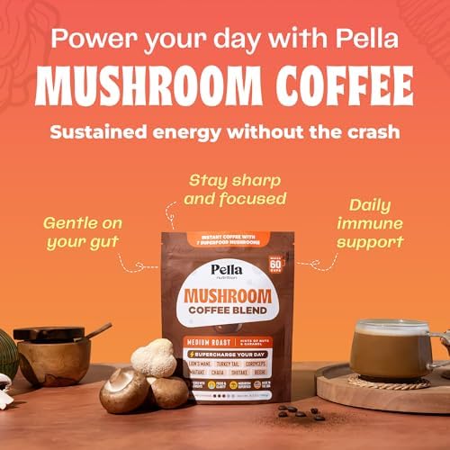 Pella Nutrition Organic Mushroom Instant Coffee (60 Servings) with 7 Superfood Mushrooms, Great Tasting, Includes Lion's Mane, Reishi, Chaga, Cordyceps, Shiitake, Maitake, and Turkey Tail