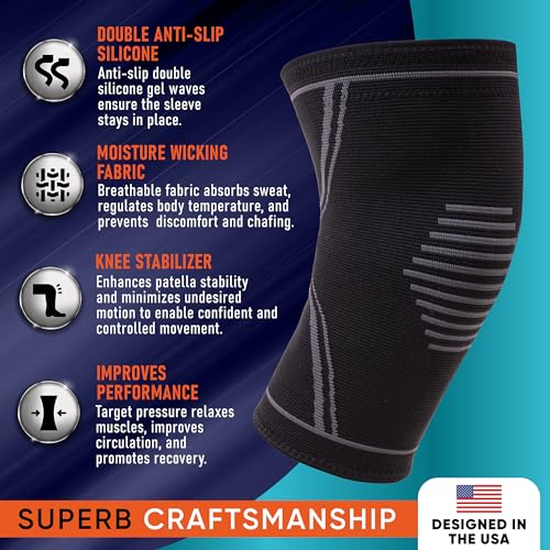 Knee Brace for Pain Relief - 2 Pack Knee Sleeves for Men and Women - Support for Weightlifting, Gym, Workout, Volleyball -...