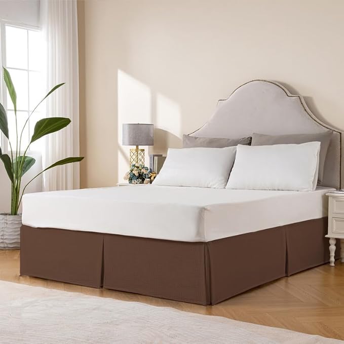 MIYE Pleated Waffle Weave Bed Skirt, Tailored Dust Ruffle 14 Inch Drop Easy Fit, Machine Washable (Brown, Queen - 14" Drop)