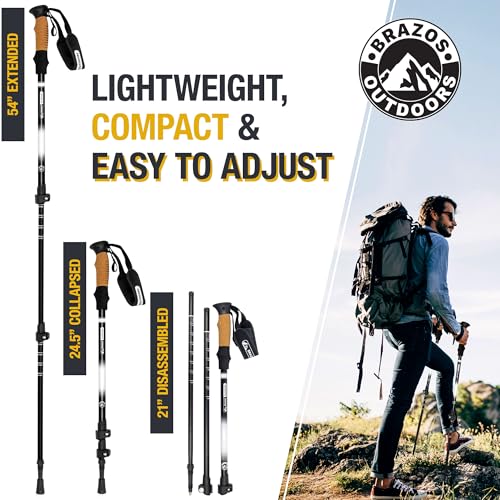Brazos Trekking Poles for Hiking | Collapsible Walking Stick | 24" to 54" (Pair of 2) 9.7oz Ultra-Light Aluminum with Cork...