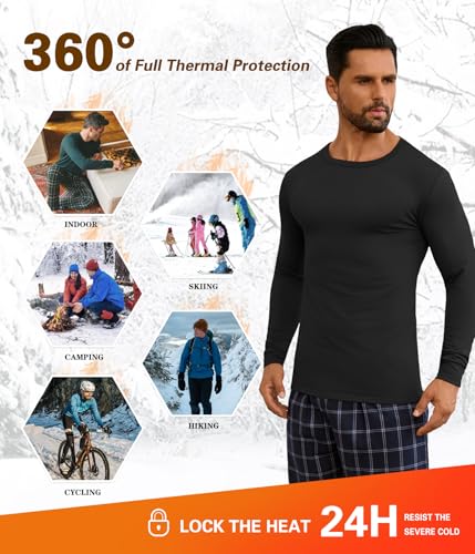URRU Men's Thermal Long Sleeve Shirts Fleece Lined High Stretch Thermal Underwear Tops Base Layer for Men Cold Weather Gear