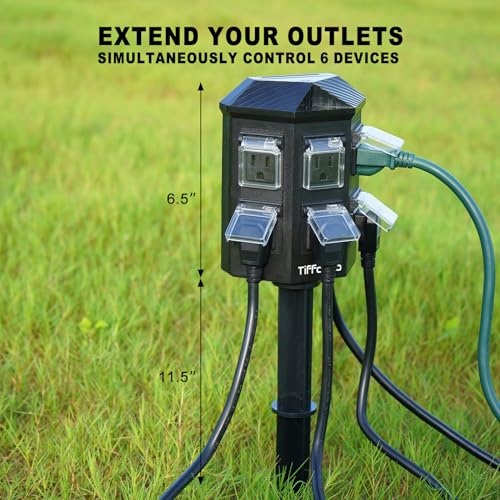 TiFFCOFiO Outdoor Power Strip Weatherproof, 25 FT Extension Cord with Stake, 6 Grounded Outlets for Christmas Yard Decorat...