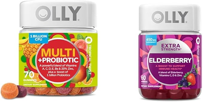 OLLY Adult Multivitamin Gummy with Probiotics, 1 Billion CFUs, 70 Count and Extra Strength Elderberry Gummies, Immune Support, 450mg, 60 Count