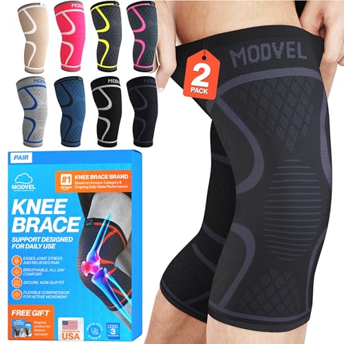 Modvel 2 Pack Knee Brace for Women & Men - Workout Knees Compression Sleeve for Knee Pain Relief Joint Support for ACL, Ar...