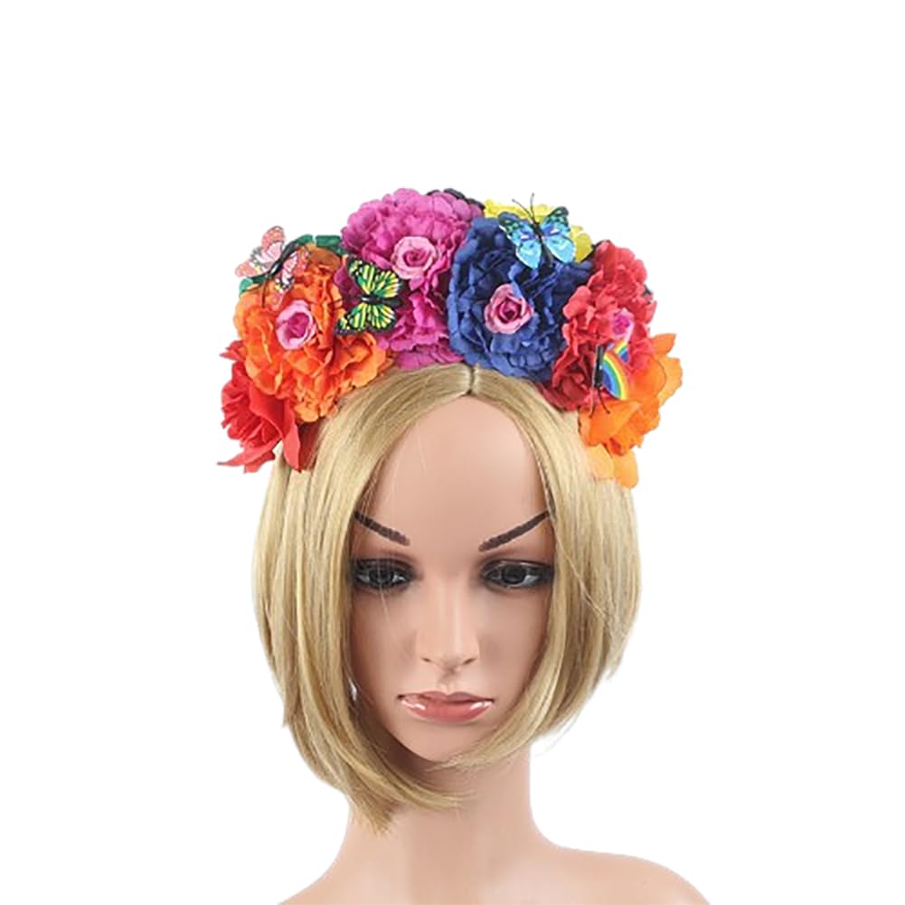 Lofruiin Women's Bohemian Rose Flower Crown Mexican Day of The Dead Headband Halloween Party Costume Headpiece (A- Colorful 1, F