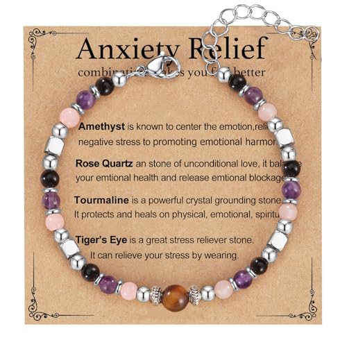 SKIRIFLA Triple Threat Protection Anxiety Relief Gifts for Women,Natural Healing Crystal Bracelet Evil Eye Jewelry for Her...