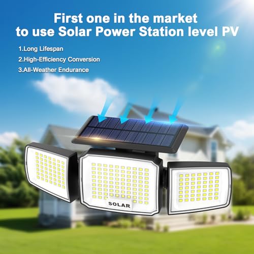 JEJOT Solar Security Light Outdoor Super Bright LED, Motion Sensor Flood Light, 3 Heads 270° Wide Angle, Remote Control,IP...
