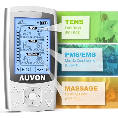 AUVON Dual Channel TENS EMS Unit 24 Modes Muscle Stimulator for Pain Relief, Rechargeable TENS Machine Massager with 12 Pa...