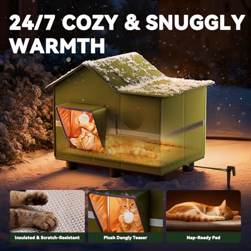 Heated Cat Shelter for Outside, Large Outdoor Cat House with Roof Window and Cozy Cushion, Weatherproof Foldable and Easy ...