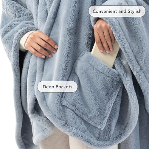 Berkshire Faux Fur Wearable Blanket, Cozy Reversible Loftmink Fleece Shawl with Hood & Side Pockets