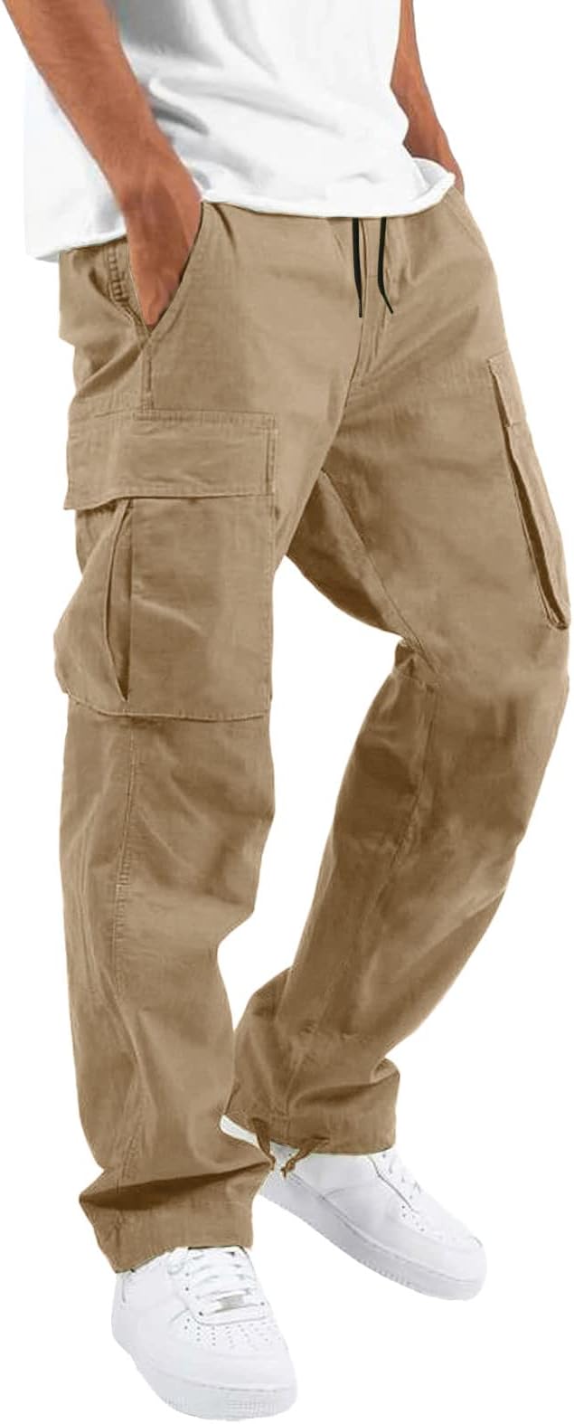 Mens Cargo Pants Drawstring Casual Straight Hiking Joggers Athletic Trousers Plus Size Cotton Loose Lightweight Sweatpants