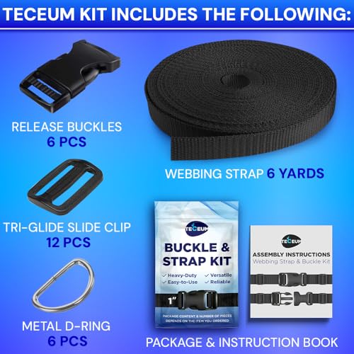 TECEUM Buckles & Strap Kit – 1" Black Nylon Webbing 6 (yd) – 6 Heavy Duty Adjustable Plastic Buckles – 12 Tri-Glide Slide ...