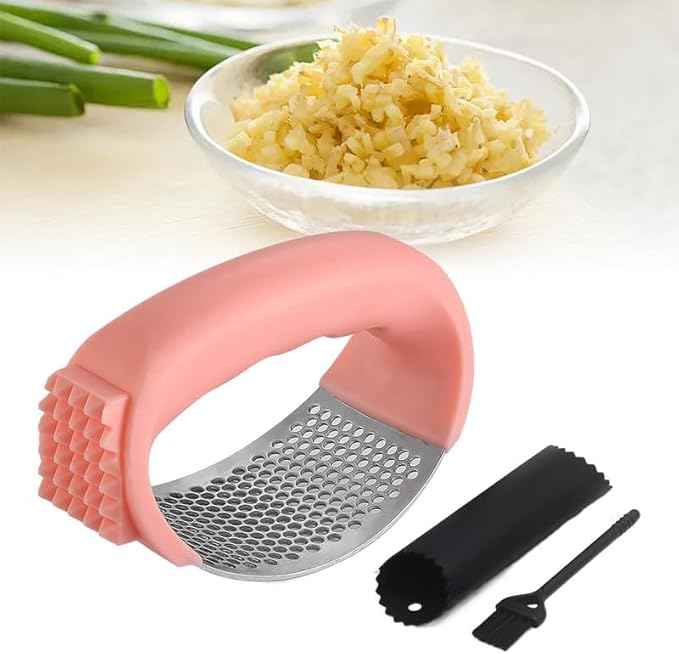 Upgraded Garlic Press Rocker, 2024 New Stainless Steel Garlic Presser, Garlic Mincer Crusher Masher with Peeler and Cleaning Brush, Garlic Chopper for Smash Garlic Kitchen Gadgets Tools (Pink)