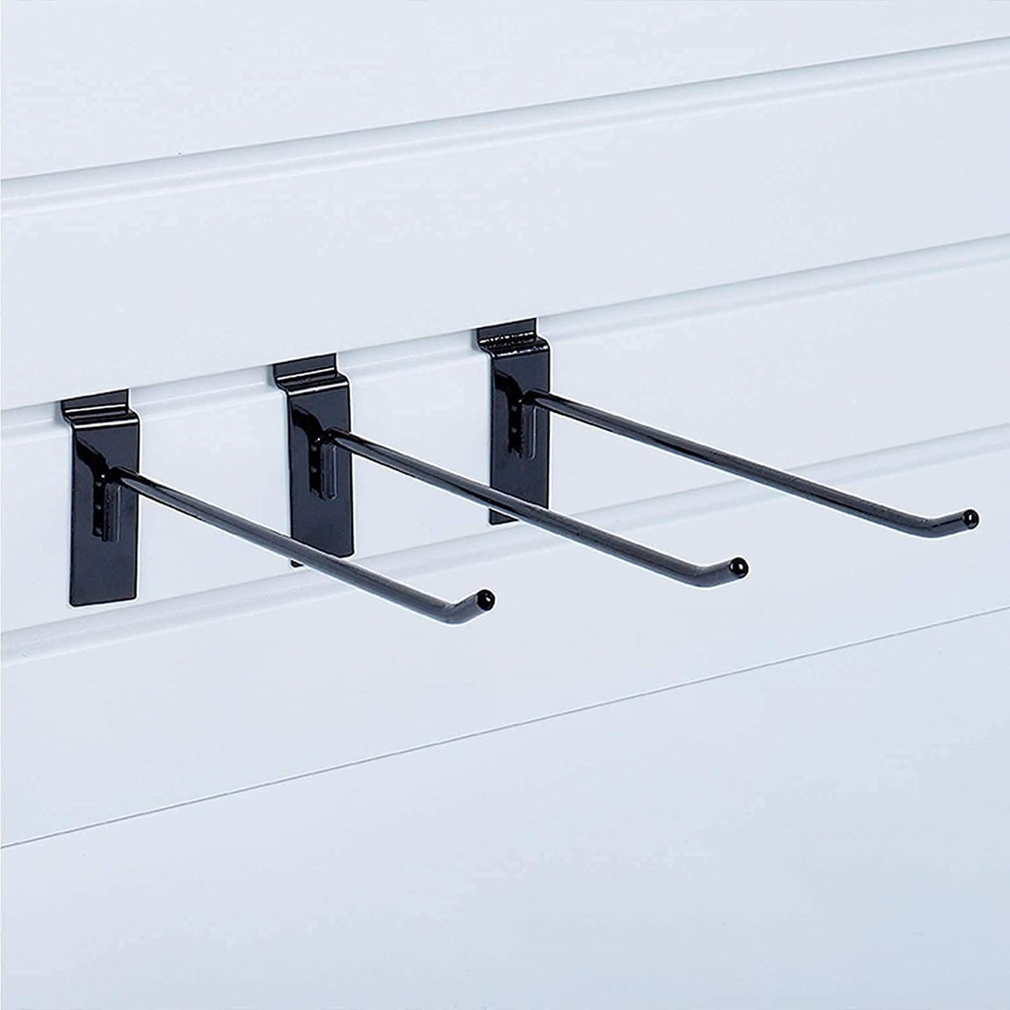 KINGDOM SOLUTIONS – 12-Pack Black Metal Slatwall Hooks (6X 4, 6X 6) – Heavy-Duty Slat Wall Accessories for Garage Organization, Retail Displays & Tool Storage Systems