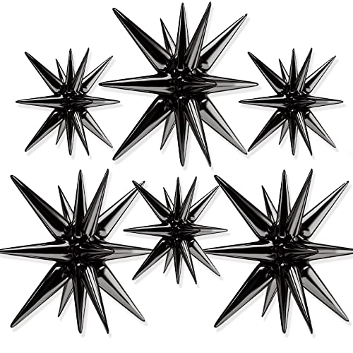 PartyWoo Black Star Foil Balloons 6pcs Different Sizes Pack of 27 22 Inch Large Black Explosion Spike Mylar Balloons for G...