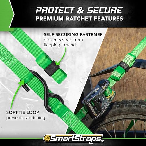 SMARTSTRAPS 10-Foot Ratchet Straps, Green (2pk) – 1,500 lbs Break Strength 500 lbs Safe Work Load Tie-Downs Designed for L...