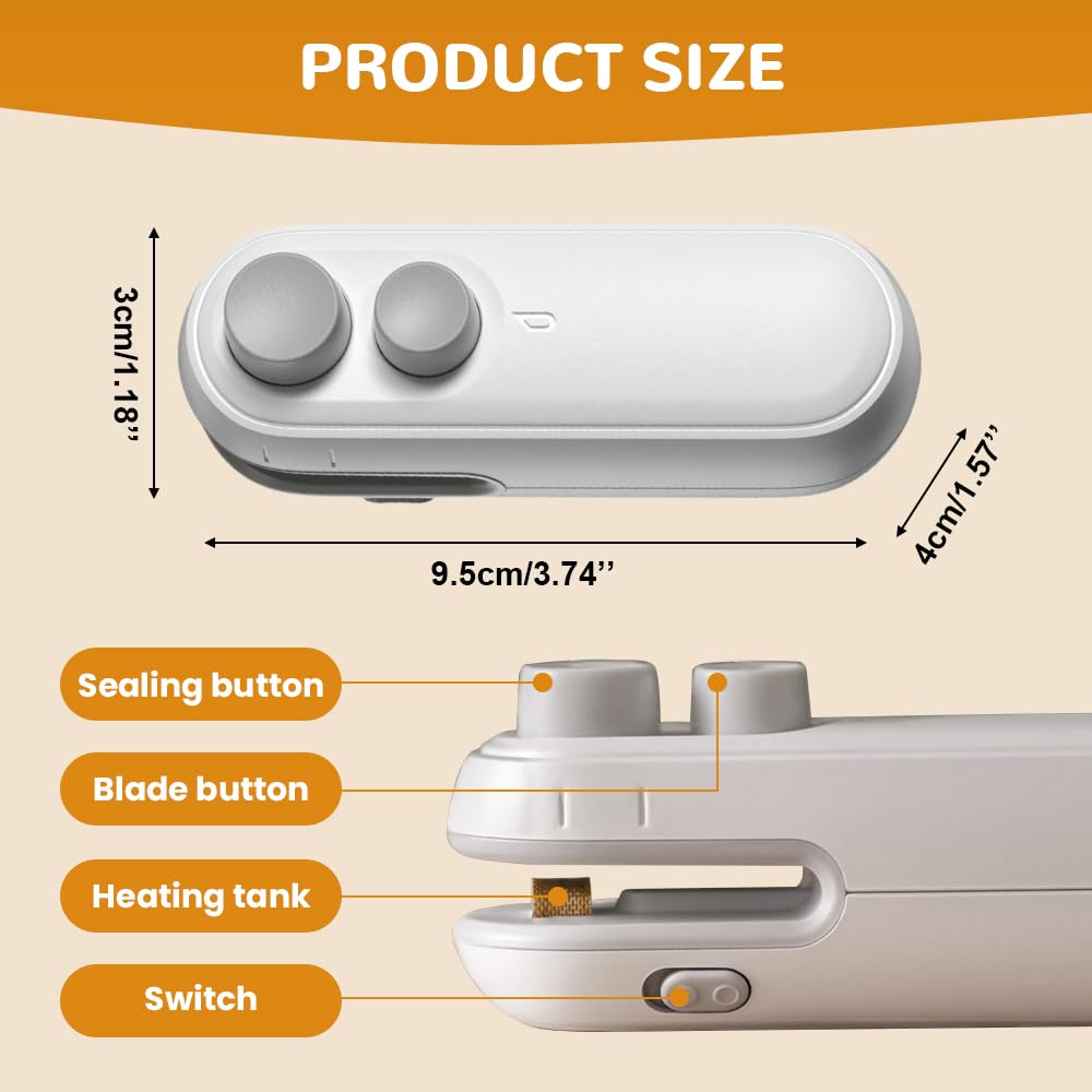 Mini Bag Sealer, 2025 Upgraded 2 in 1 Mini Bag Sealer with Cutter and Magnet, Rechargeable Mini Bags Sealer Portable Resealer Machine for Snack Plastic Bags Food Storage Travel (1, White)