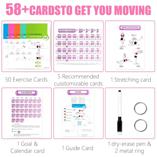 COARVXA Pilates Ring Workouts for Women-58 Exercise Cards with Pilates Mat Workout Postures，ncludes 4-Week Challenge,2 Rin...