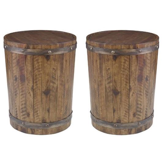 Home Square 19" Round Wine Barrel Accent End Table in Walnut - Set of 2