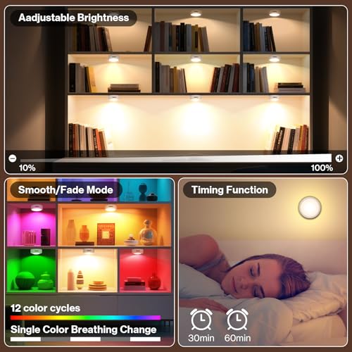 Cadrim Led Puck Lights, 13 Color Changeable, 6 Pack, Wireless Remote, Multicolor, A03 Model For Kitchen & Bedroom Lighting