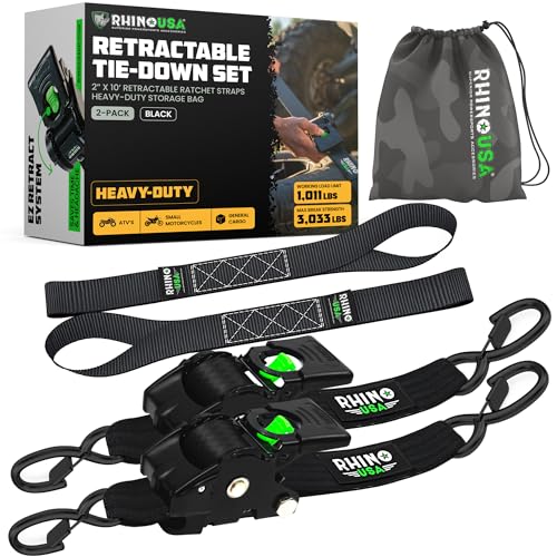Rhino USA Retractable Ratchet Straps (2-Pack) - 2 Inch x 10 Feet (3,033lb Break Strength) - Heavy Duty Auto Self Retractin...