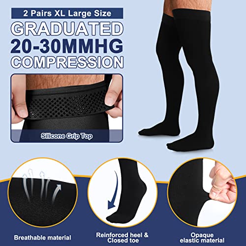 Zhanmai 2 Pairs Thigh High Men's Compression Socks 20-30 Mmhg Compression Stocking with Silicone Grip Men's Dress Socks (...