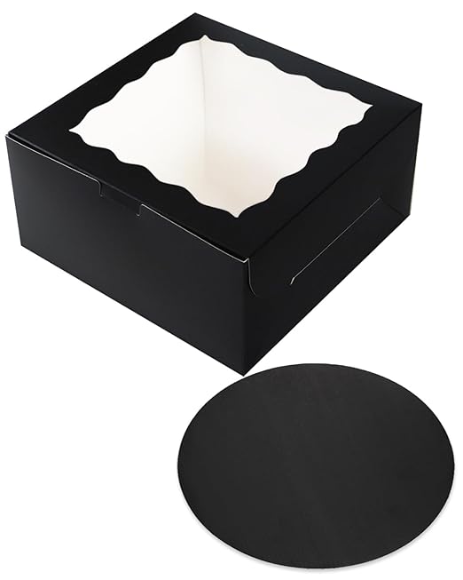qiqee 8x8x5 Cake Box, 18 Sets Black Cake Box with Window ＆ 18 Sets 8" Black Cake Round Boards, 8inch Cake Containers
