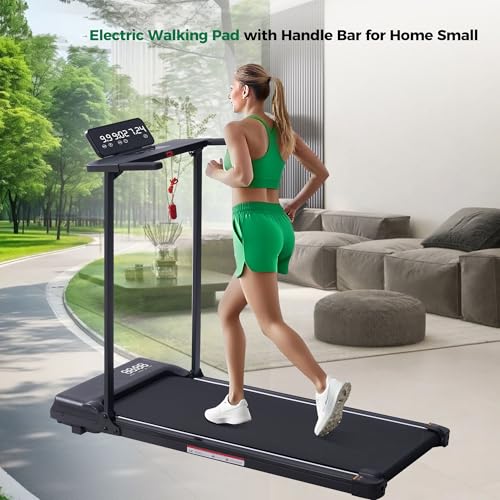 Compact Walking Pad with Handle Bar, Foldable Electric Treadmill with Handles and 3.5HP Powerful, Portable Small Walking P...