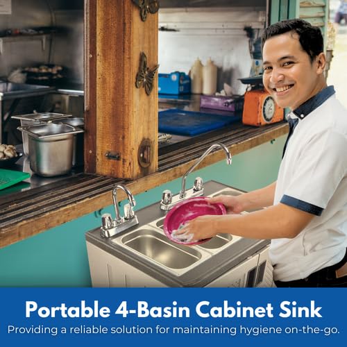 Concession Sinks - Portable Sink Hand Wash Station, 4 Compartment Basin with Hot Water, Standard Size, Food Trailer Equipment, Free Standing Utility Sink, Hand Washing Station