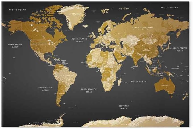 artgeist Canvas Wall Art Print World Map 35x24 in - 1pcs Home Decor Framed Stretched Picture Photo Painting Artwork Image World Travel Map k-A-0104-b-c