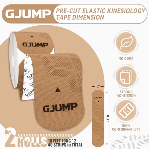 GJUMP Kinesiology Tape, 40 Count Precut Strips 2 Rolls, Original Cotton Elastic Athletic Tape for Muscle Strain Relief & J...