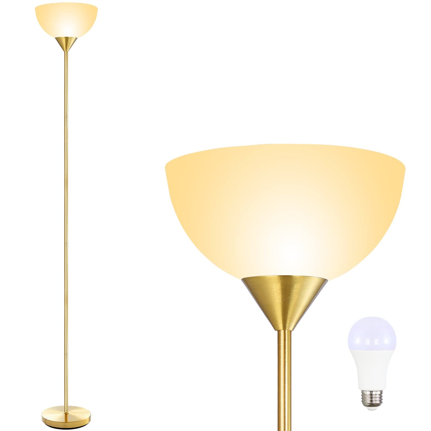 BoostArea Floor Lamp, 12W LED, 70.1·Tall, Eye-Caring, Gold, Glass/Metal/Plastic/Porcelain, Torchiere for Bedroom/Living Room/