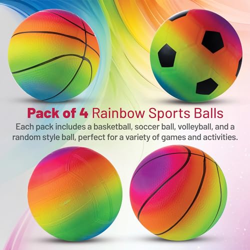 Bedwina Mini Rainbow Sports Balls - 5 Inch (Pack of 4) Inflatable Vinyl Balls for Kids and Toddlers with Hand Air Pump, Ba...