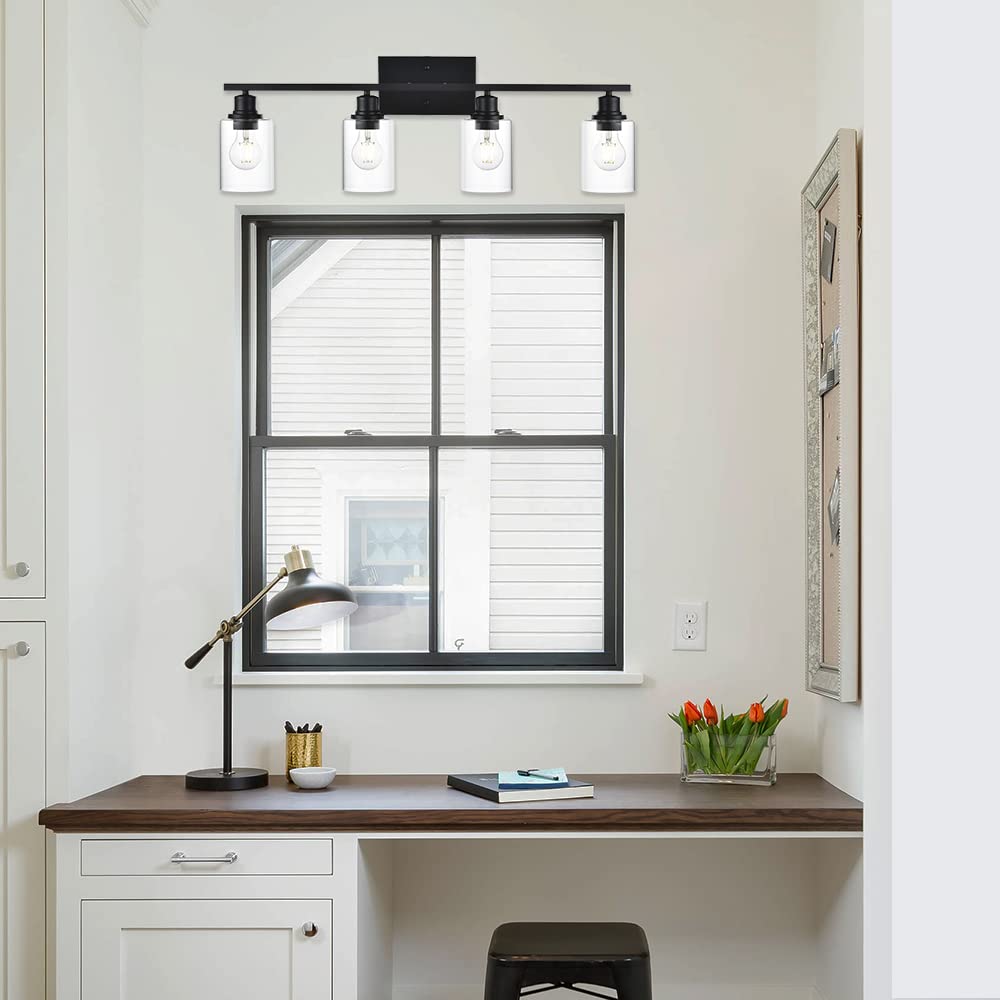 Vinluz 4-Lights Black Bathroom Vanity Light Fixtures With Clear Cylinder Glass Shade Industrial Metal Wall Mounted Lighting Over Mirror