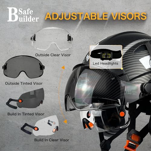 SAFEBUILDER Industrial Safety Helmet with Visor Ear Muffs Hard Hat with Visor Vented Hardhats Construction Work Head Prote...