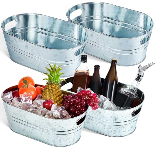 Tessco 4 Pcs 4 Gallon Galvanized Metal Tubs Large Ice Buckets for Parties Beverage Drink Tin Bins Champagne Cocktail Wine ...
