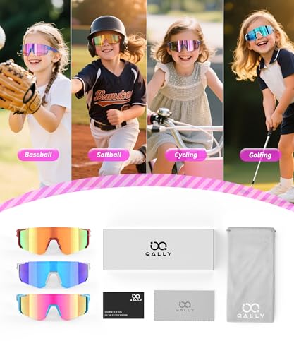 QALLY Kids Sunglasses Youth Baseball Softball Sunglasses for Girls Boys Age 4-14 UV Protection Sports Kids 3 Pack